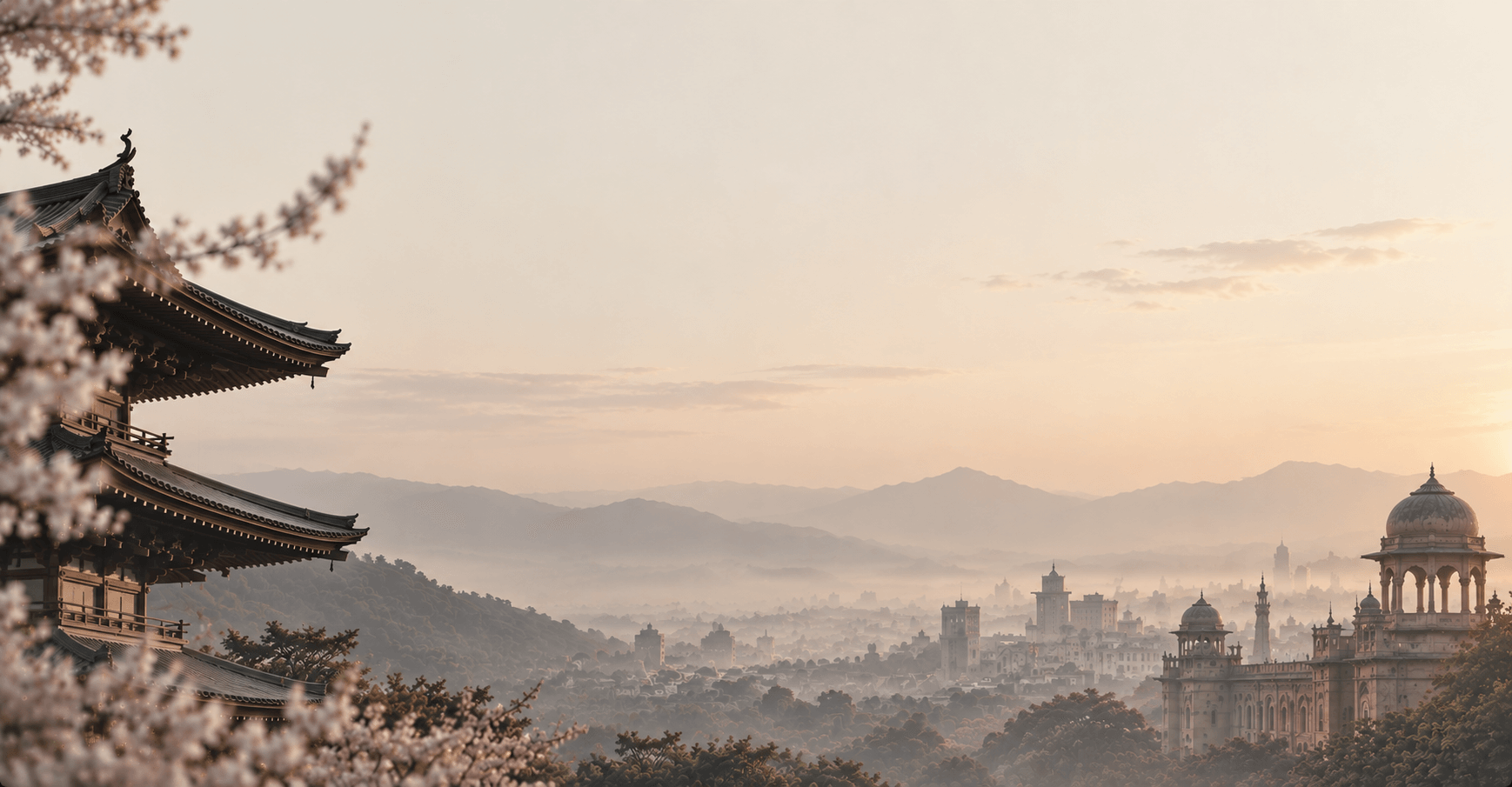 A Japanese pagoda among cherry blossom on the left and a domed Indian palace above a misty city on the right, under a soft dawn sky